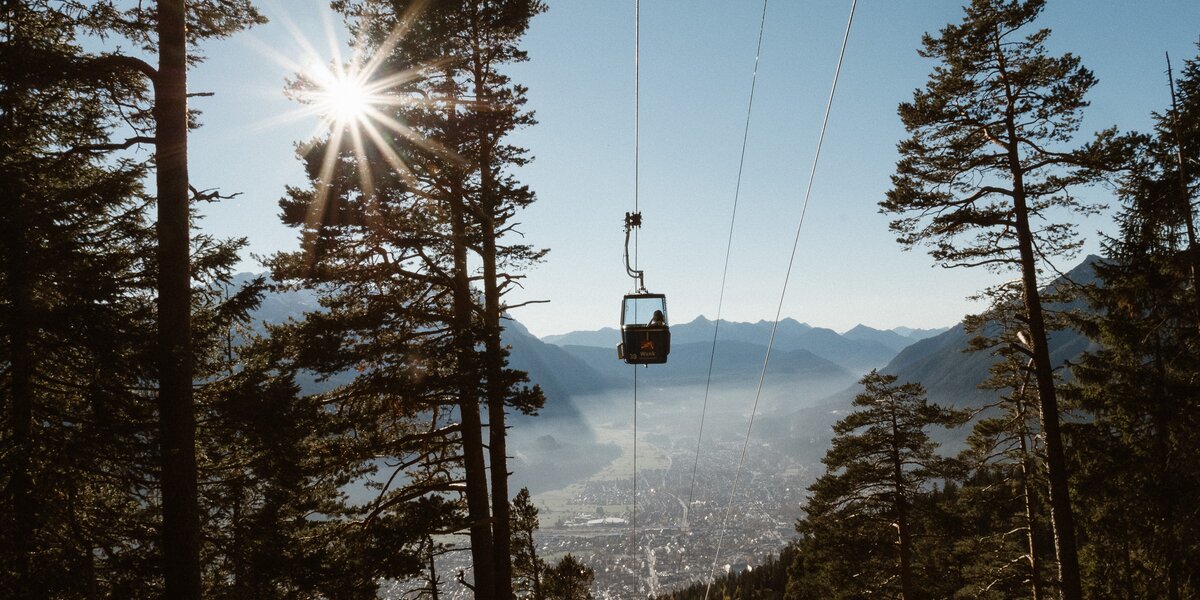 A cable car travels over a forest with a view of the city in the valley.